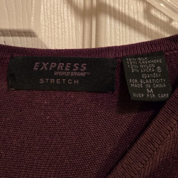 Express Silk Blend Pullover V-Neck Stretch Knit Sweater Burgundy Plum Women's M - Picture 3 of 4